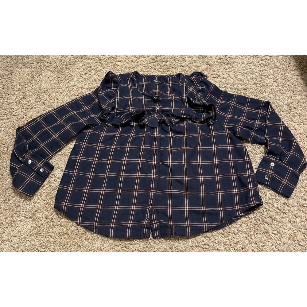 Madewell Ruffle Yoke Navy and Maroon Plaid Button Down Blouse, Size large